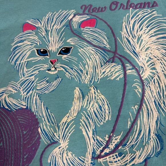 Vintage Cat Tee T-Shirt Size Small Single Stitch 80s Puff Paint New Orleans Tee - Picture 5 of 12